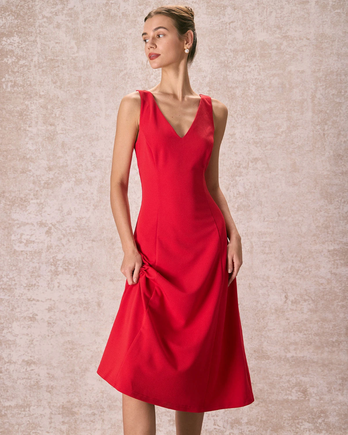 The Red V Neck Sleeveless A-Line Midi Dress 1 The Red V Neck Sleeveless A-Line Midi Dress