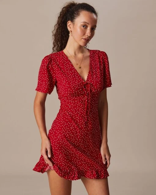 The Red V Neck Polka Dot Flounce Mini Dress -CINN Clothing Shop the red v neck polka dot mini dress dresses xsug55 615305