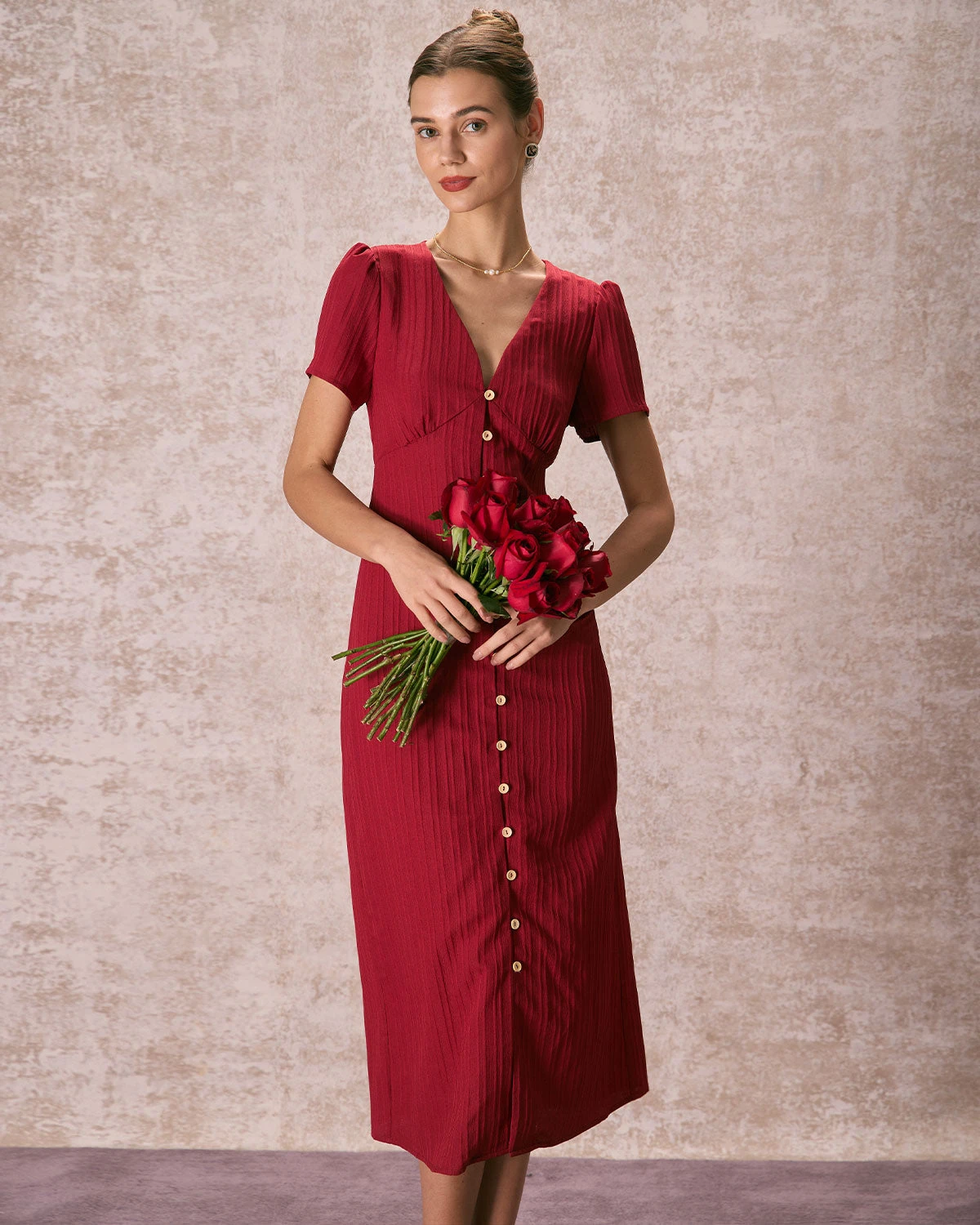 The Red V Neck Shirred Puff Sleeve Midi Dress 4 The Red V Neck Shirred Puff Sleeve Midi Dress - Image 4
