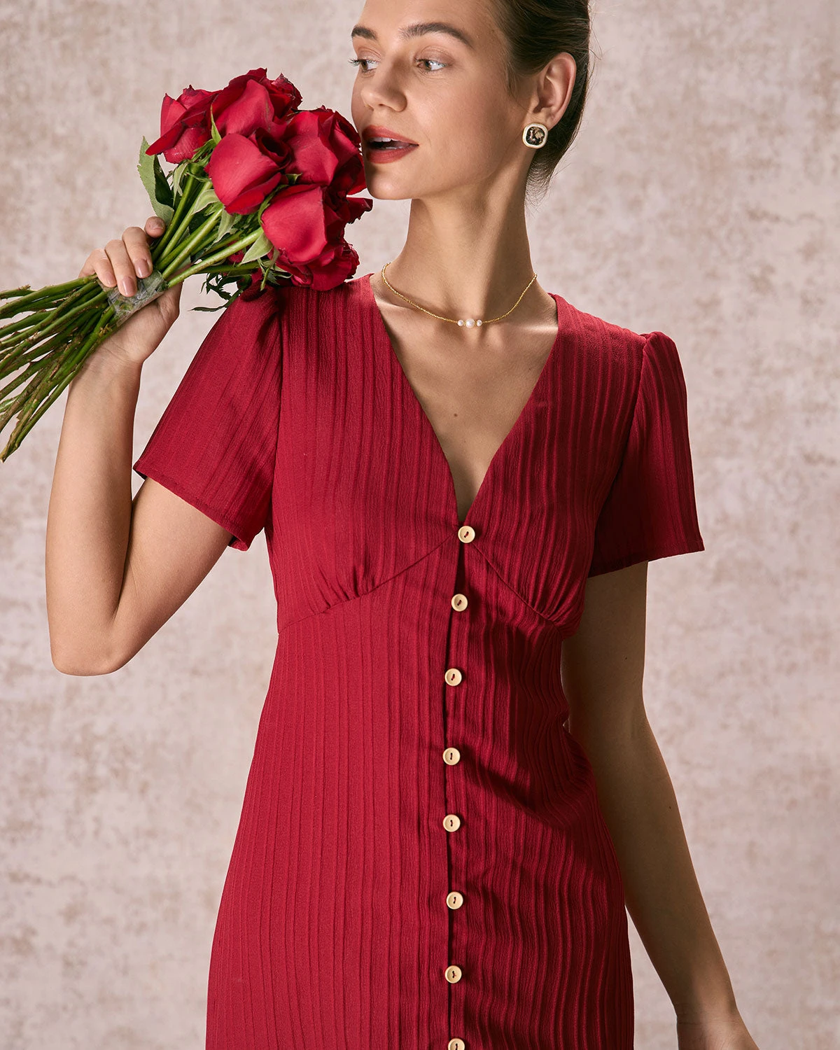 The Red V Neck Shirred Puff Sleeve Midi Dress 2 The Red V Neck Shirred Puff Sleeve Midi Dress - Image 2