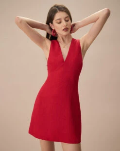 The Red V Neck Sleeveless Linen Mini Dress -CINN Clothing Shop the red v neck solid mini dress dresses 6itg0v