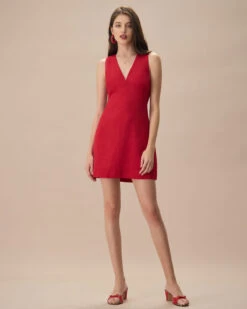 The Red V Neck Sleeveless Linen Mini Dress -CINN Clothing Shop the red v neck solid mini dress dresses ijkt3g