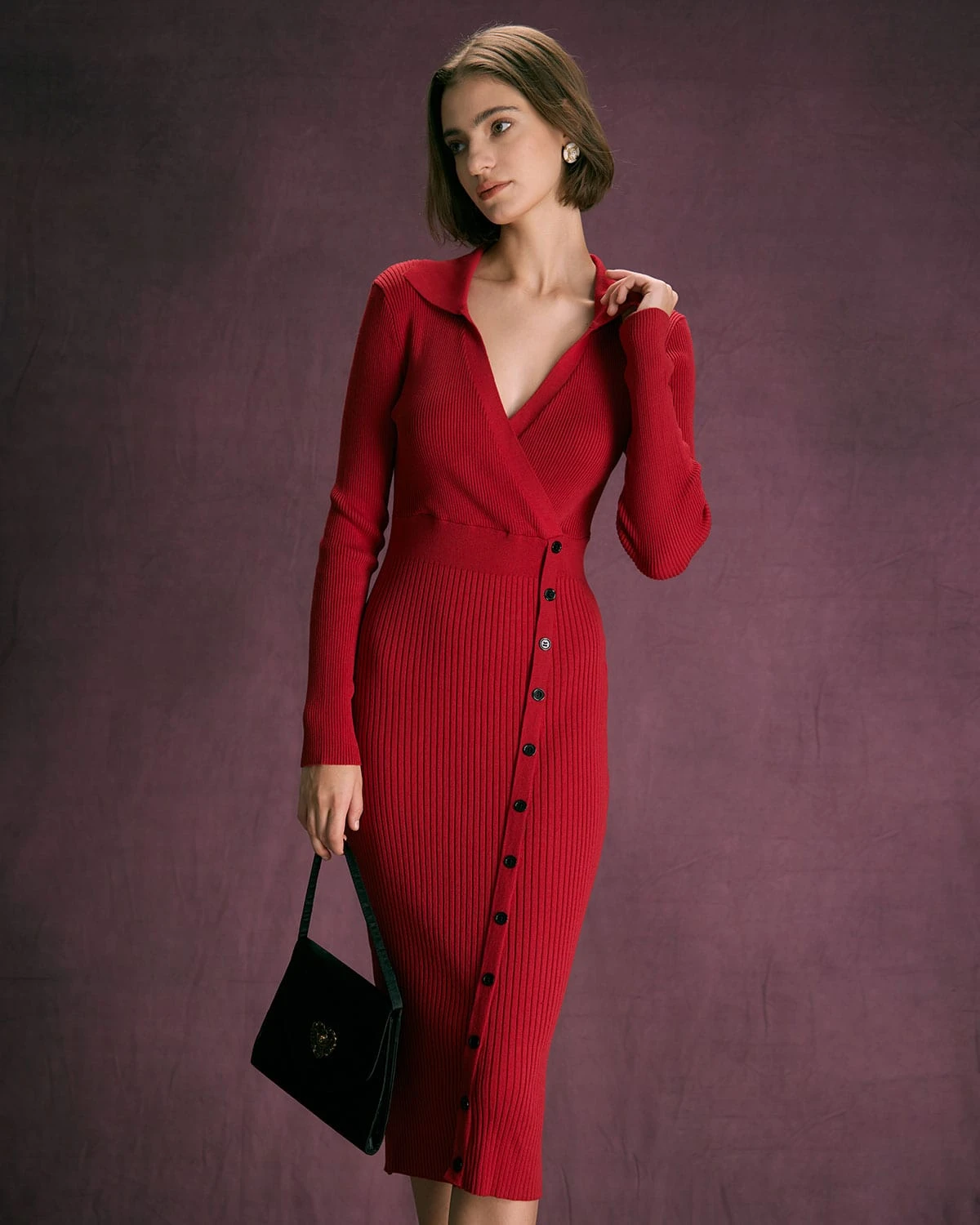 The Red V Neck Button Up Wrap Midi Dress 2 The Red V Neck Button Up Wrap Midi Dress - Image 2