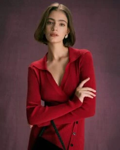 The Red V Neck Button Up Wrap Midi Dress 10 The Red V Neck Button Up Wrap Midi Dress -CINN Clothing Shop the red v neck wrap button midi dress dresses rpkxfn