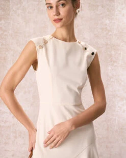 The Beige Button-Shoulder Flounce Mini Dress -CINN Clothing Shop the round neck button shoulder dress dresses 9dkren