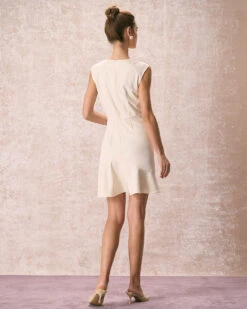 The Beige Button-Shoulder Flounce Mini Dress -CINN Clothing Shop the round neck button shoulder dress dresses y9oaqv