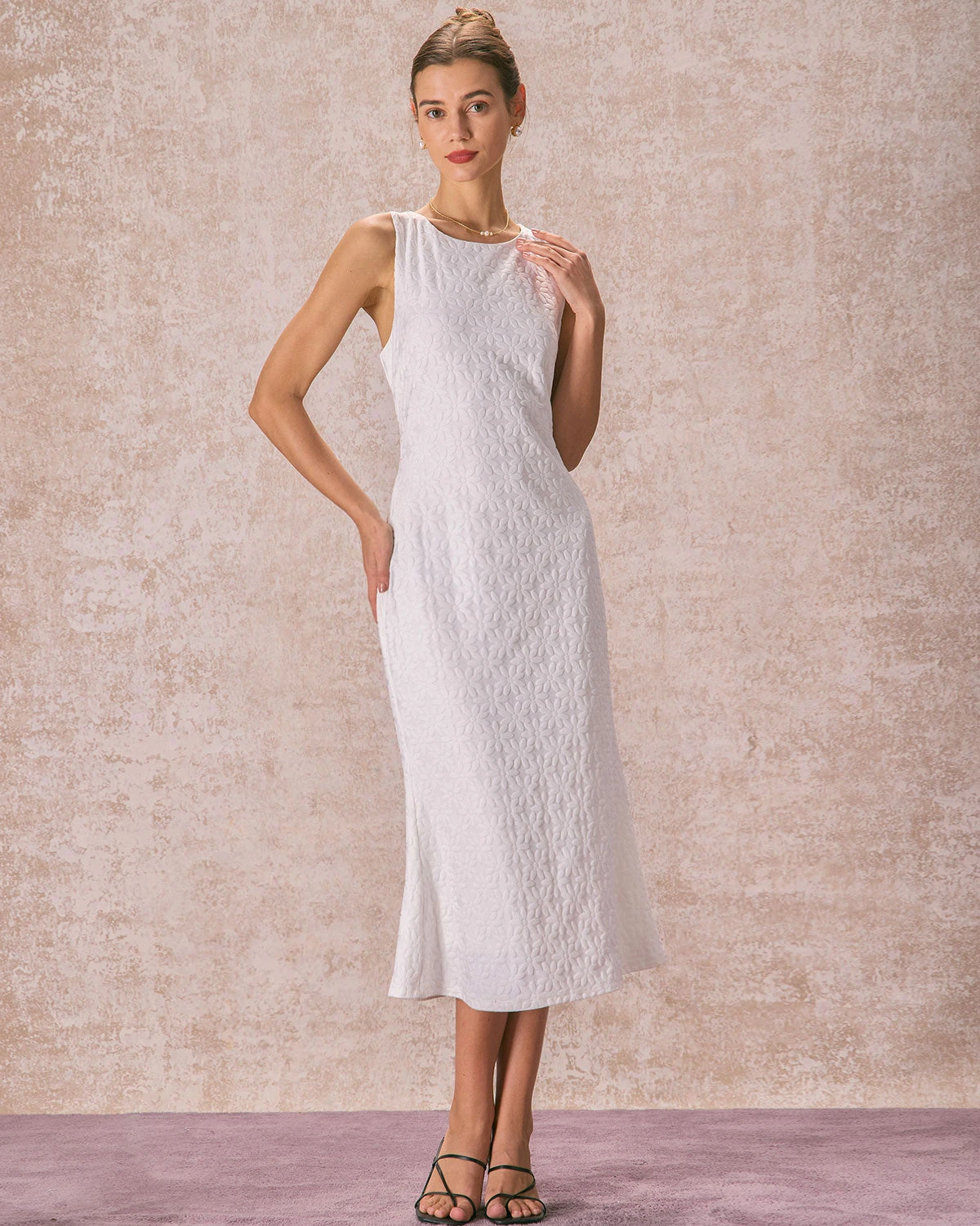 The White Round Neck Floral Jacquard Sleeveless Midi Dress 3 The White Round Neck Floral Jacquard Sleeveless Midi Dress - Image 3
