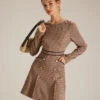 The Brown Round Neck Plaid Button Mini Dress