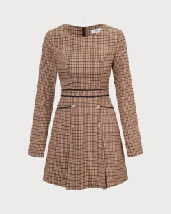 The Brown Round Neck Plaid Button Mini Dress -CINN Clothing Shop the round neck plaid long sleeve dress dresses 39iq2f