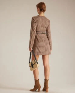 The Brown Round Neck Plaid Button Mini Dress -CINN Clothing Shop the round neck plaid long sleeve dress dresses fwlkv0