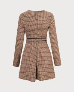 The Brown Round Neck Plaid Button Mini Dress -CINN Clothing Shop the round neck plaid long sleeve dress dresses kw9inu