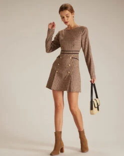The Brown Round Neck Plaid Button Mini Dress -CINN Clothing Shop the round neck plaid long sleeve dress dresses osw4nz