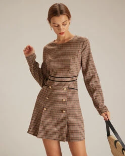 The Brown Round Neck Plaid Button Mini Dress -CINN Clothing Shop the round neck plaid long sleeve dress dresses uyqsig