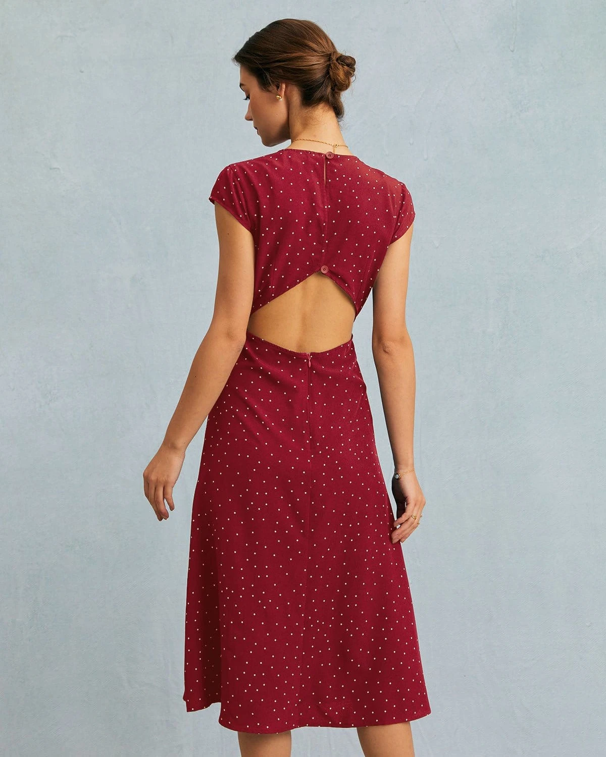 The Red Round Neck Polka Dot Cutout Midi Dress 3 The Red Round Neck Polka Dot Cutout Midi Dress - Image 3