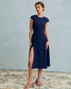 The Navy Round Neck Polka Dot Cutout Midi Dress -CINN Clothing Shop the round neck polka dot dress dresses julgui 107638