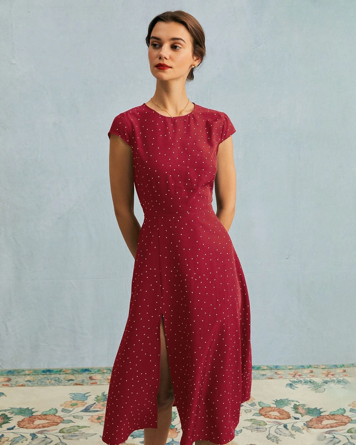 The Red Round Neck Polka Dot Cutout Midi Dress 2 The Red Round Neck Polka Dot Cutout Midi Dress - Image 2