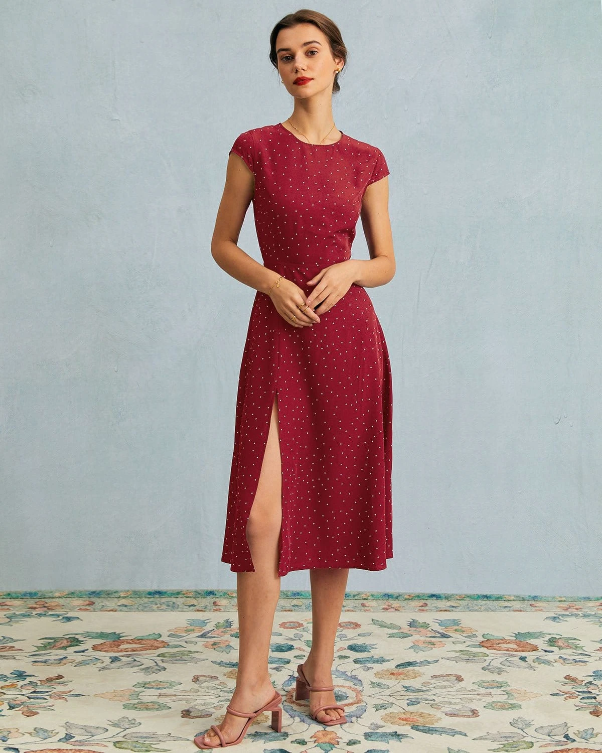 The Red Round Neck Polka Dot Cutout Midi Dress 1 The Red Round Neck Polka Dot Cutout Midi Dress