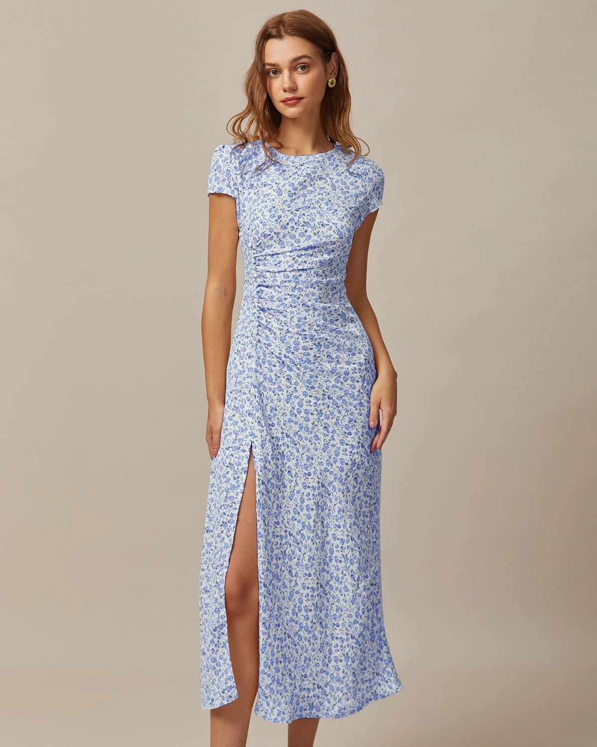 The Blue Round Neck Floral Slit Midi Dress 1 The Blue Round Neck Floral Slit Midi Dress