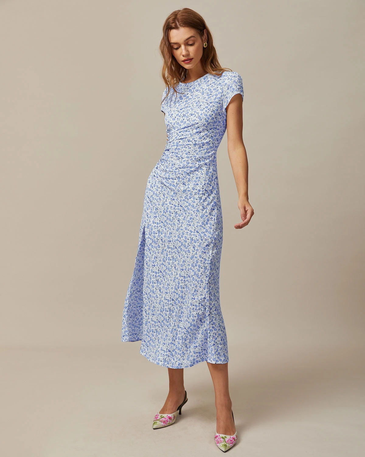 The Blue Round Neck Floral Slit Midi Dress 2 The Blue Round Neck Floral Slit Midi Dress - Image 2