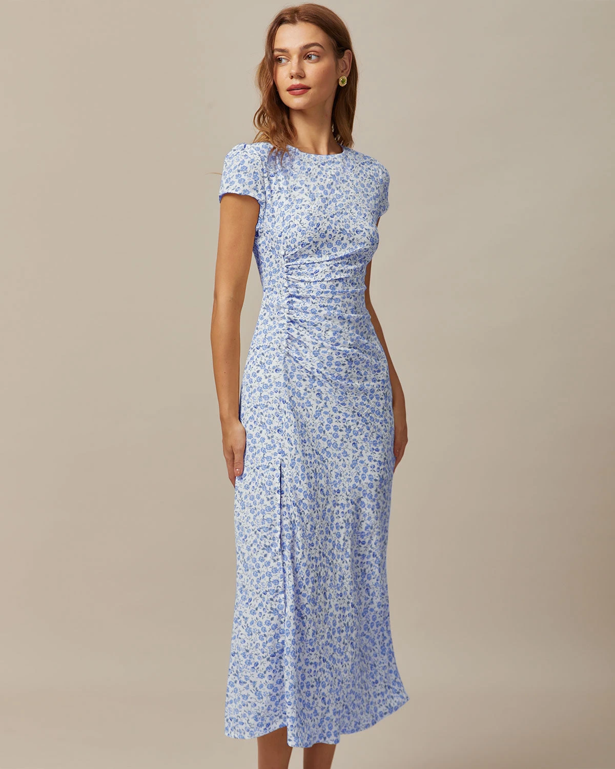 The Blue Round Neck Floral Slit Midi Dress 3 The Blue Round Neck Floral Slit Midi Dress - Image 3