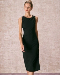 The Black Round Neck Ruched Tank Midi Dress 8 The Black Round Neck Ruched Tank Midi Dress -CINN Clothing Shop the round neck ruched tank dress black dresses 1teaap