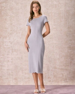 The Grey Round Neck Scalloped Midi Dress -CINN Clothing Shop the round neck scalloped sweater dress grey dresses fwkx5j