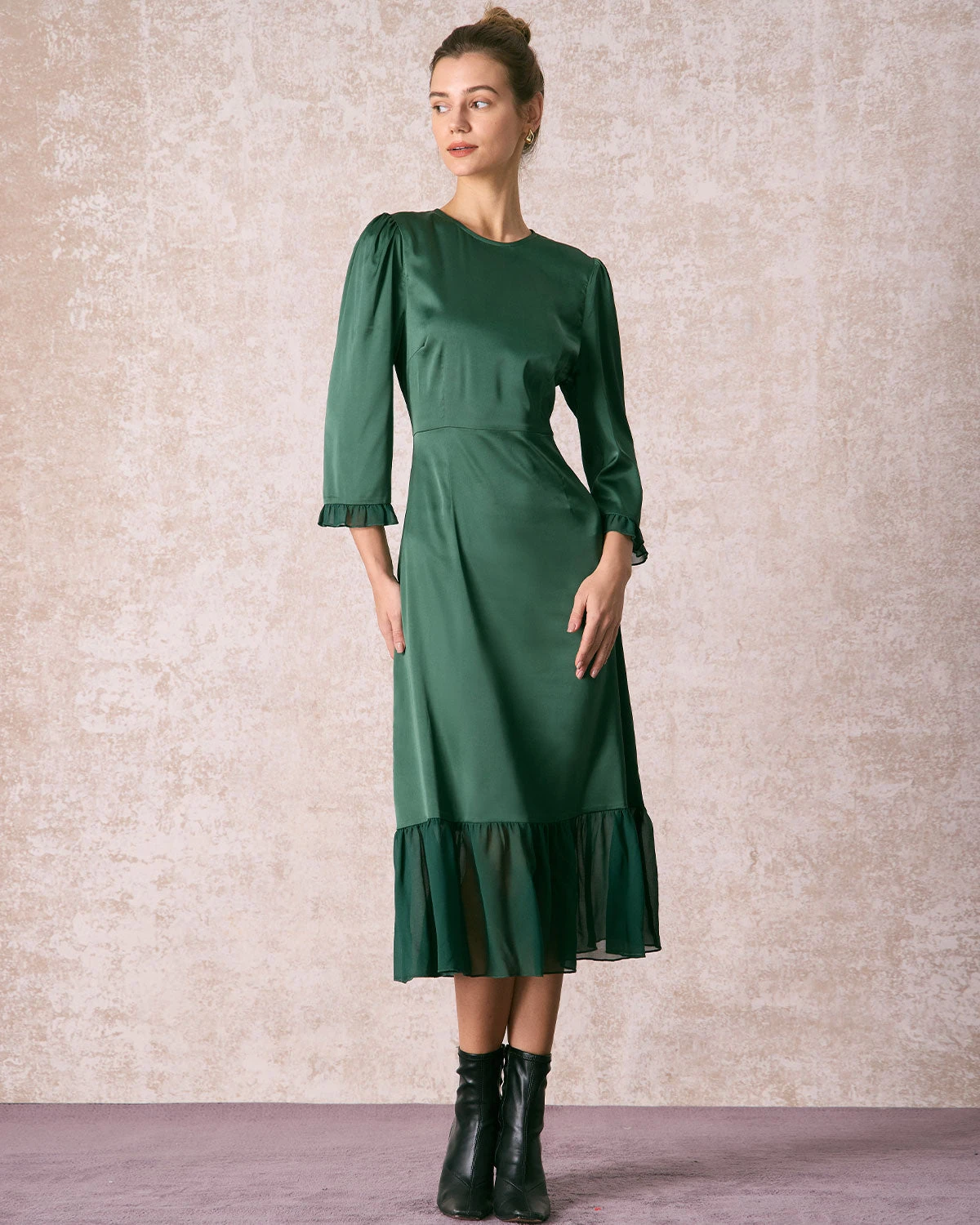 The Green Spliced Ruffle Poet Sleeve Midi Dress 2 The Green Spliced Ruffle Poet Sleeve Midi Dress - Image 2