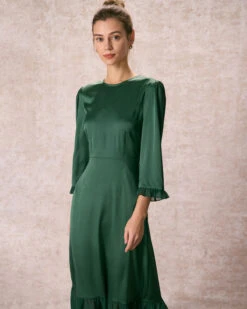 The Green Spliced Ruffle Poet Sleeve Midi Dress 8 The Green Spliced Ruffle Poet Sleeve Midi Dress -CINN Clothing Shop the round neck spliced ruffle dress dresses ifpf2p