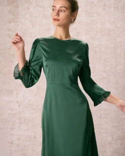 The Green Spliced Ruffle Poet Sleeve Midi Dress 9 The Green Spliced Ruffle Poet Sleeve Midi Dress -CINN Clothing Shop the round neck spliced ruffle dress dresses lxy1uh