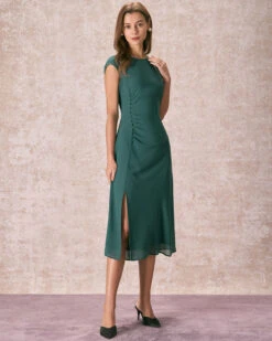 The Green Cap Sleeve Side Split Midi Dress -CINN Clothing Shop the ruched side split dress dresses n7wfmy