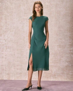The Green Cap Sleeve Side Split Midi Dress -CINN Clothing Shop the ruched side split dress dresses topc8i