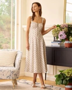 The Beige Ruched Split Hem Floral Midi Dress