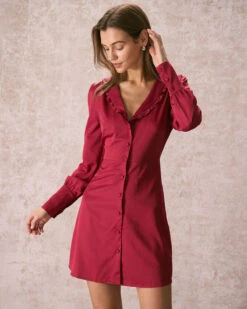 The Red Ruffle Collared Button Mini Dress -CINN Clothing Shop the ruffle collar button up dress dresses anm6sj