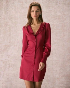 The Red Ruffle Collared Button Mini Dress -CINN Clothing Shop the ruffle collar button up dress dresses pb8lwh