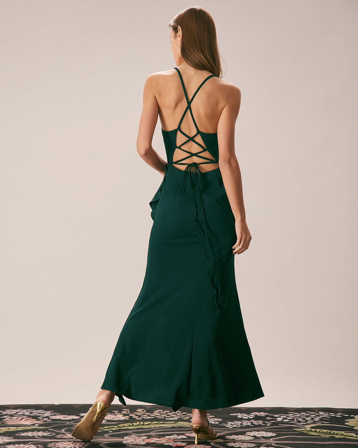 The Green Ruffle Cross Back Strap Maxi Dress 5 The Green Ruffle Cross Back Strap Maxi Dress - Image 5