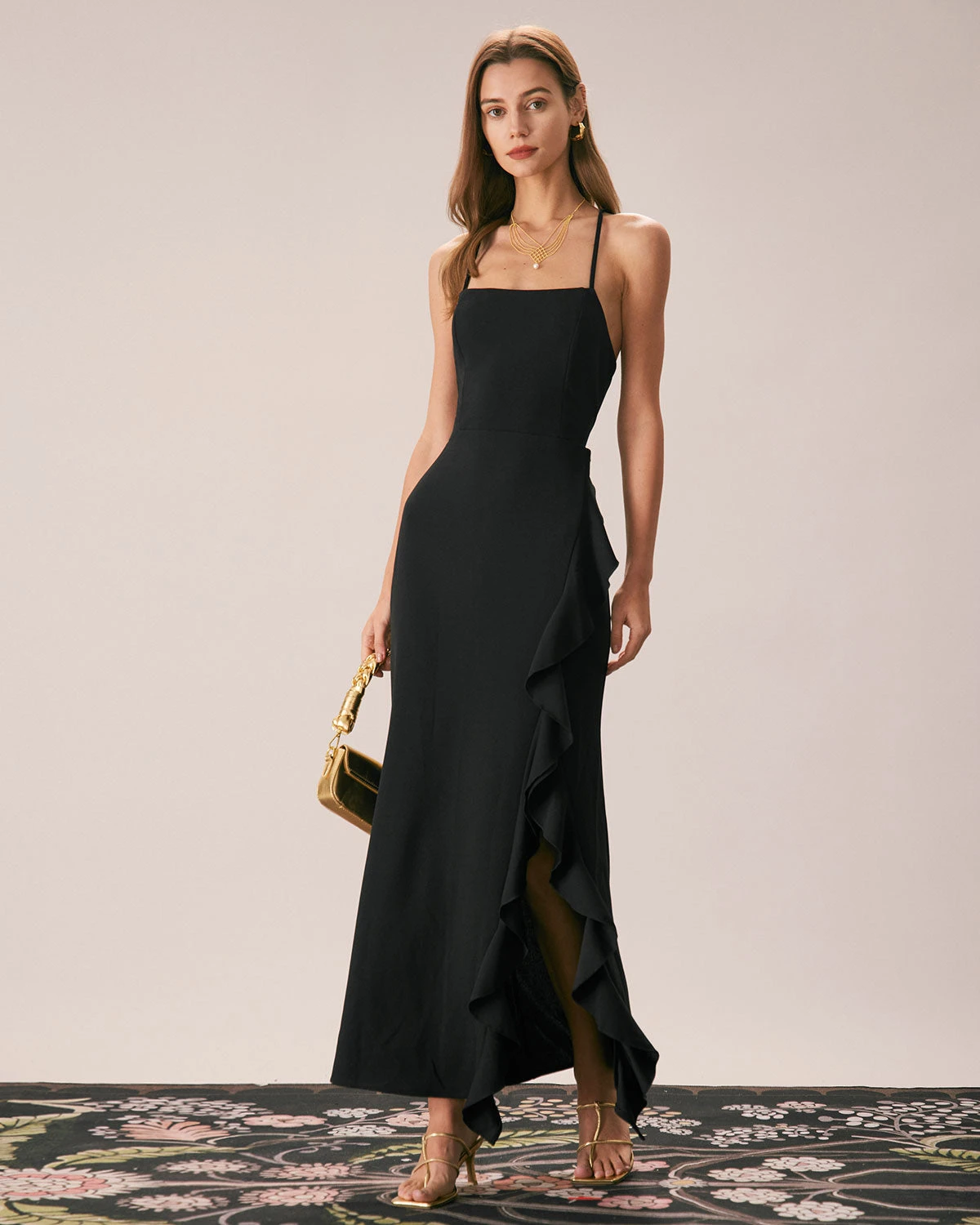 The Black Ruffle Cross Back Strap Maxi Dress 1 The Black Ruffle Cross Back Strap Maxi Dress