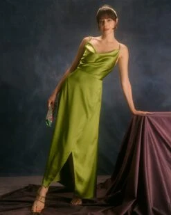 The Green Cowl Neck Split Satin Maxi Dress 8 The Green Cowl Neck Split Satin Maxi Dress -CINN Clothing Shop the satin cowl neck side split dress green dresses u3lzr1