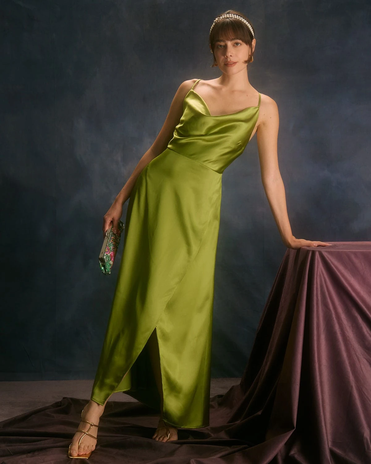 The Green Cowl Neck Split Satin Maxi Dress 3 The Green Cowl Neck Split Satin Maxi Dress - Image 3