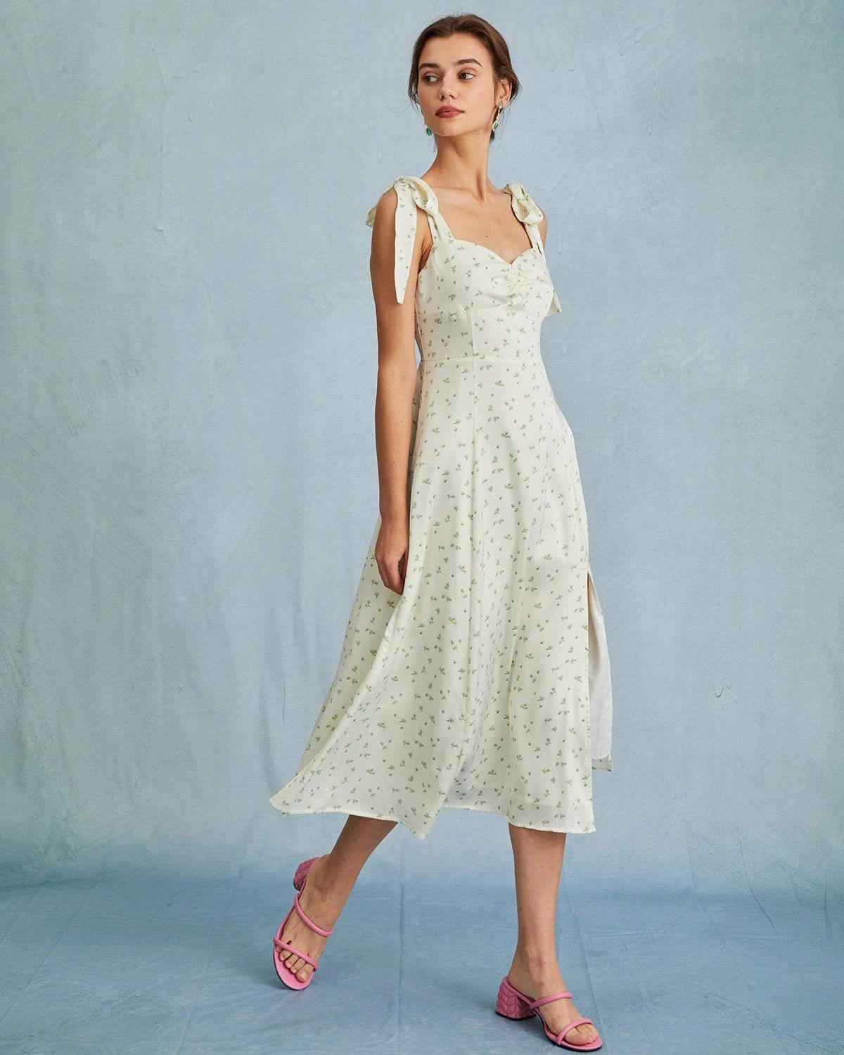 The Light Green Satin Floral Tie Strap Slit Midi Dress 4 The Light Green Satin Floral Tie Strap Slit Midi Dress - Image 4