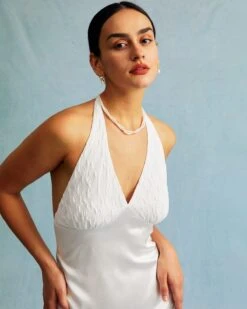 The White Halter Spliced Ruched Satin Midi Dress -CINN Clothing Shop the satin halter midi dress dresses gqvoqr 843202