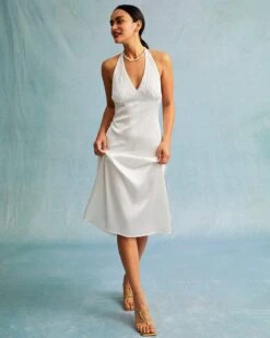 The White Halter Spliced Ruched Satin Midi Dress -CINN Clothing Shop the satin halter midi dress dresses ohve6z 351497