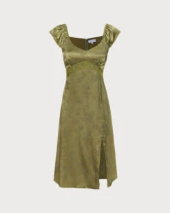 The Green Satin Jacquard Side Split Midi Dress 15 The Green Satin Jacquard Side Split Midi Dress -CINN Clothing Shop the satin jacquard side split dress green dresses vdezkx
