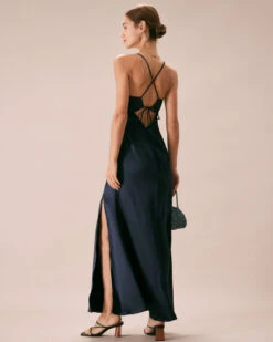 The Navy V-Neck Ruched Satin Sling Maxi Dress 13 The Navy V-Neck Ruched Satin Sling Maxi Dress -CINN Clothing Shop the satin v neck ruched dress dresses 34jrtr