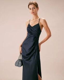 The Navy V-Neck Ruched Satin Sling Maxi Dress 12 The Navy V-Neck Ruched Satin Sling Maxi Dress -CINN Clothing Shop the satin v neck ruched dress dresses eh0t0y