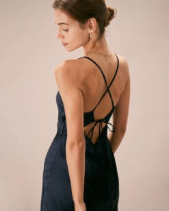 The Navy V-Neck Ruched Satin Sling Maxi Dress 11 The Navy V-Neck Ruched Satin Sling Maxi Dress -CINN Clothing Shop the satin v neck ruched dress dresses fwjmlw