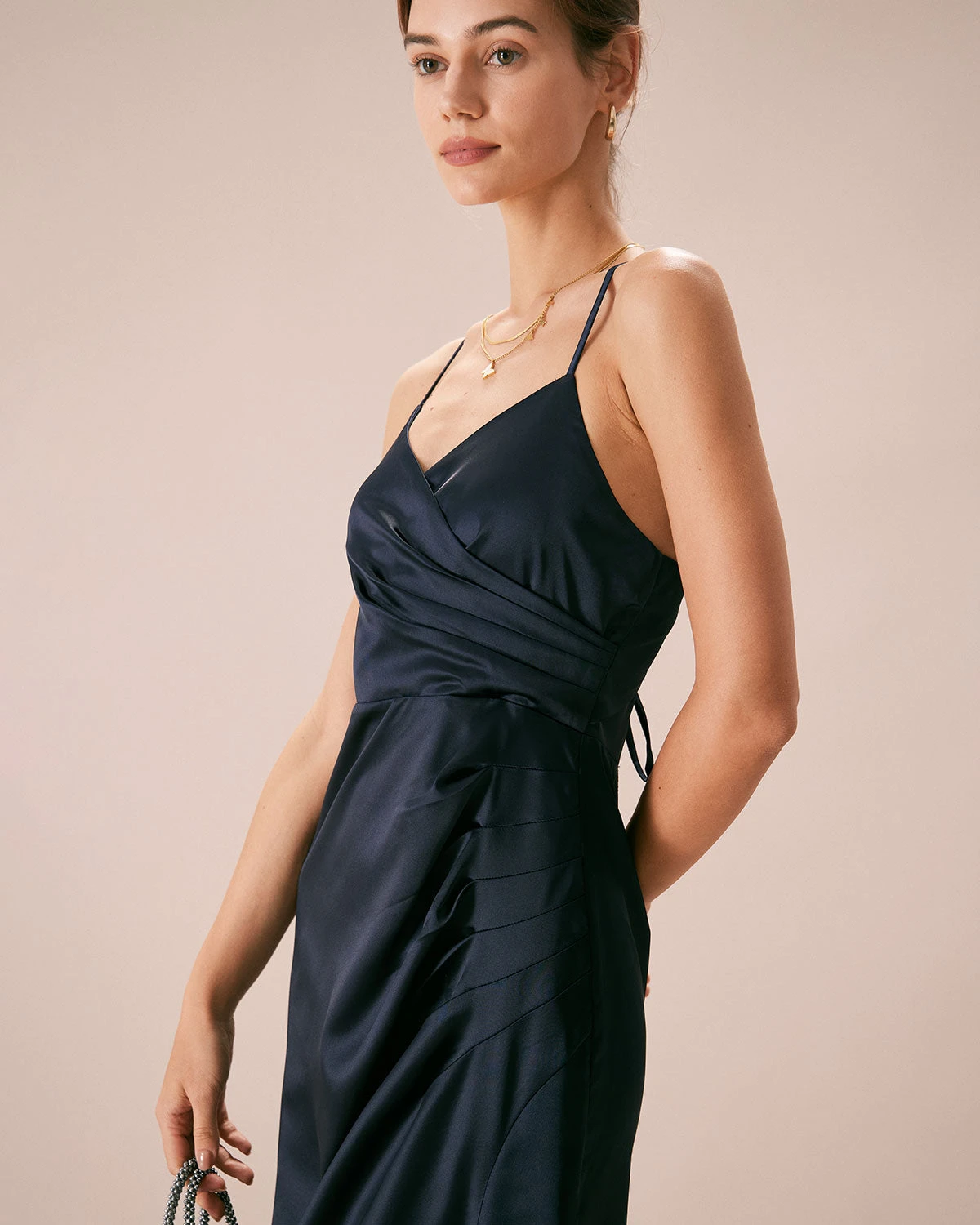 The Navy V-Neck Ruched Satin Sling Maxi Dress 3 The Navy V-Neck Ruched Satin Sling Maxi Dress - Image 3