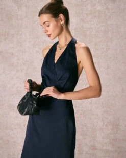 The Navy Halter Ruched Wrap Satin Midi Dress -CINN Clothing Shop the satin wrap halter midi dress dresses 0cvwxi dc55501b 3258 4c51 9c71 35e3896e4c1d