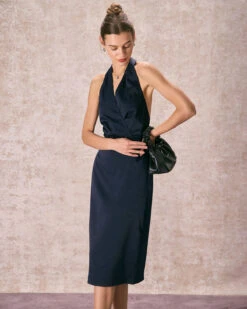The Navy Halter Ruched Wrap Satin Midi Dress -CINN Clothing Shop the satin wrap halter midi dress dresses uj5crm 351167a2 1144 4aeb 8dec 5927d6f2253b