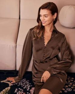 The Brown Shirt Collar Button Satin Mini Dress 9 The Brown Shirt Collar Button Satin Mini Dress -CINN Clothing Shop the shirt collar satin button dress dresses cb5ugg 871052