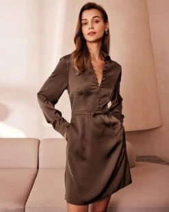 The Brown Shirt Collar Button Satin Mini Dress 7 The Brown Shirt Collar Button Satin Mini Dress -CINN Clothing Shop the shirt collar satin button dress dresses fokkb5 662054